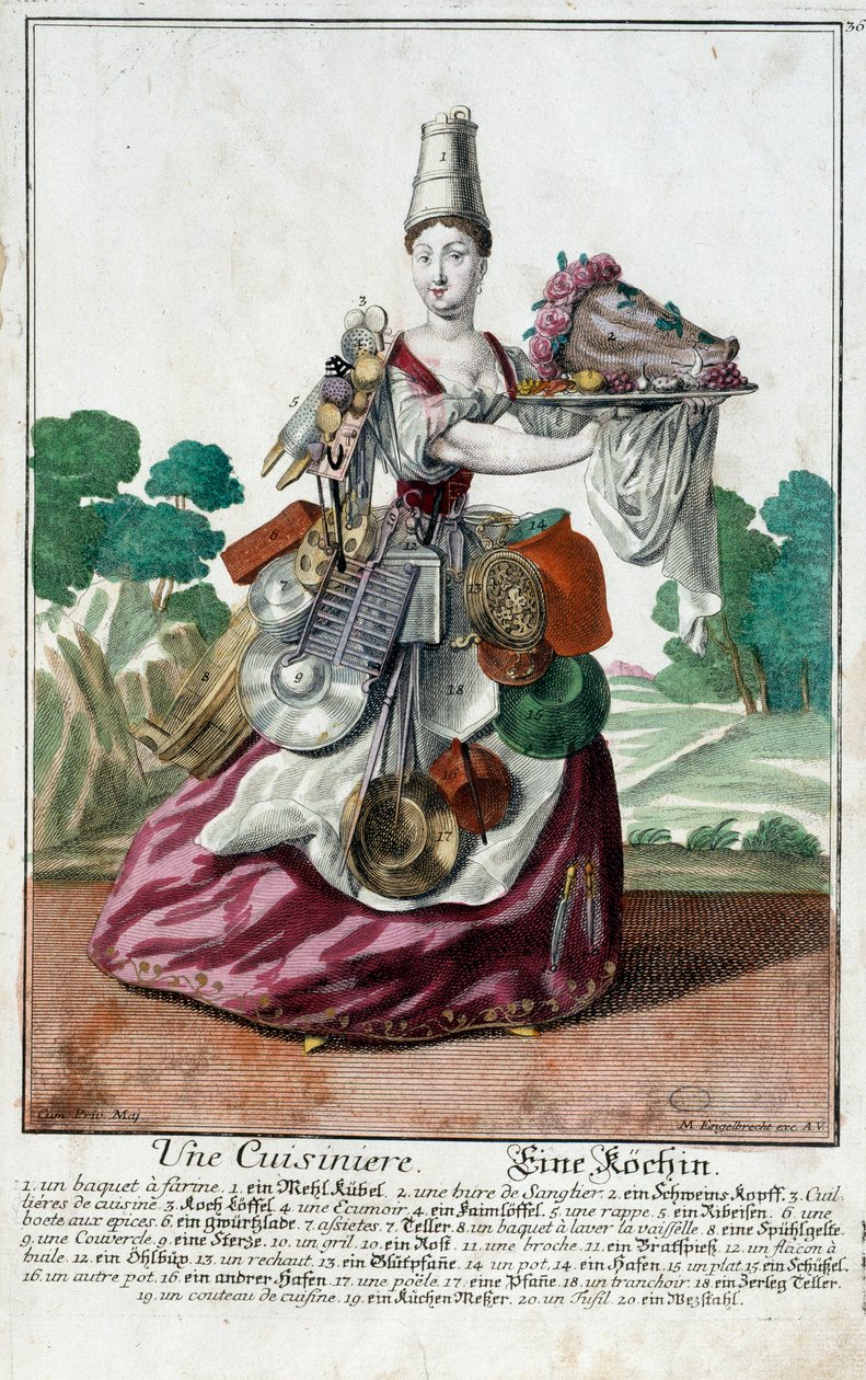 Kucharz. Grawer autorstwa Martina Engelbrechta (1684-1756), w „Nowym zespole habilles manewrów” XVIII w., Niemcy. Paryż, Sztuka Dekoracyjna autorstwa Martin Engelbrecht