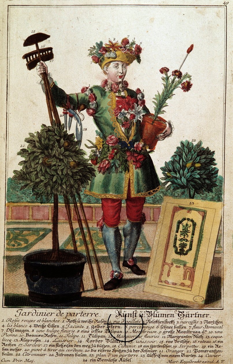 Ogrodnik. Grawer autorstwa Martina Engelbrechta (1684-1756), w „Nowym zespole habilles manewrów” XVIII w., Niemcy. Paryż, Sztuka Dekoracyjna autorstwa Martin Engelbrecht