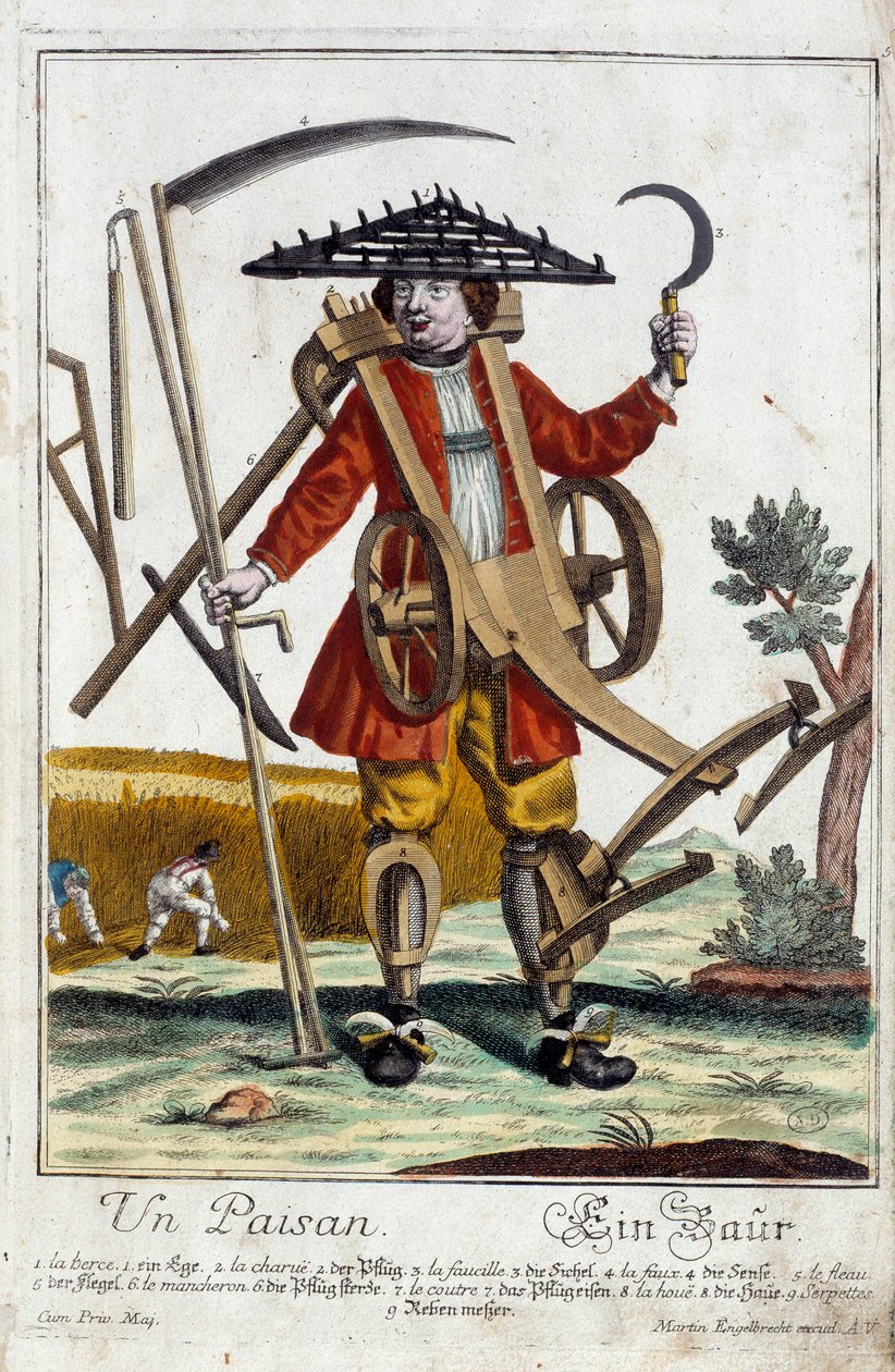 Wieśniak. Grawer autorstwa Martina Engelbrechta (1684-1756), w „Nowym zespole habilles manewrów” XVIII w., Niemcy. Paryż, Sztuka Dekoracyjna autorstwa Martin Engelbrecht