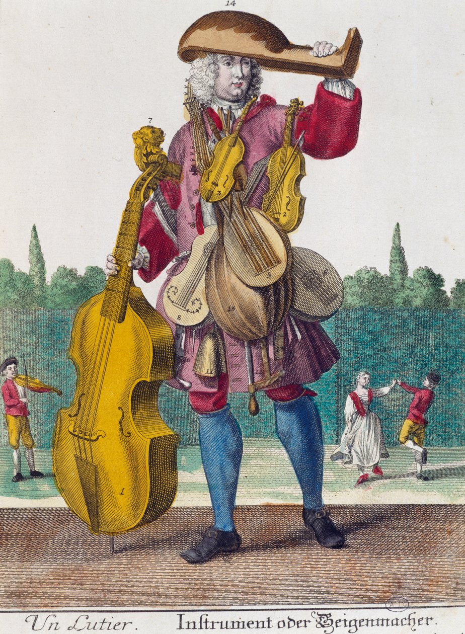 Lutniarz, rycina z Assemblage des nouveau manouvries habilles autorstwa Martina Engelbrechta (1684-1756), Niemcy autorstwa Martin Engelbrecht