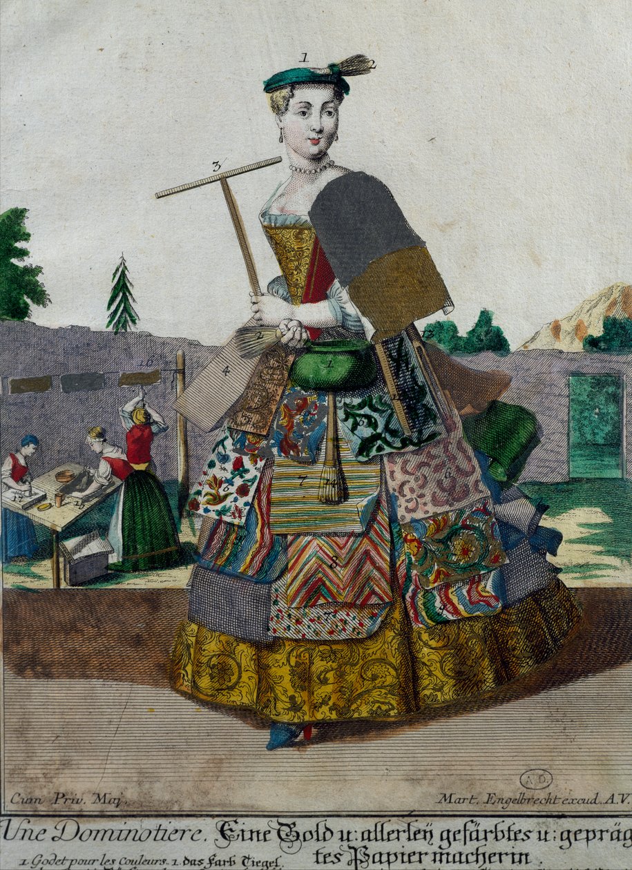 Producent kolorowych papierów, grawer z Assemblage des nouveau manouvries habilles Martin Engelbrecht (1684-1756), Niemcy autorstwa Martin Engelbrecht
