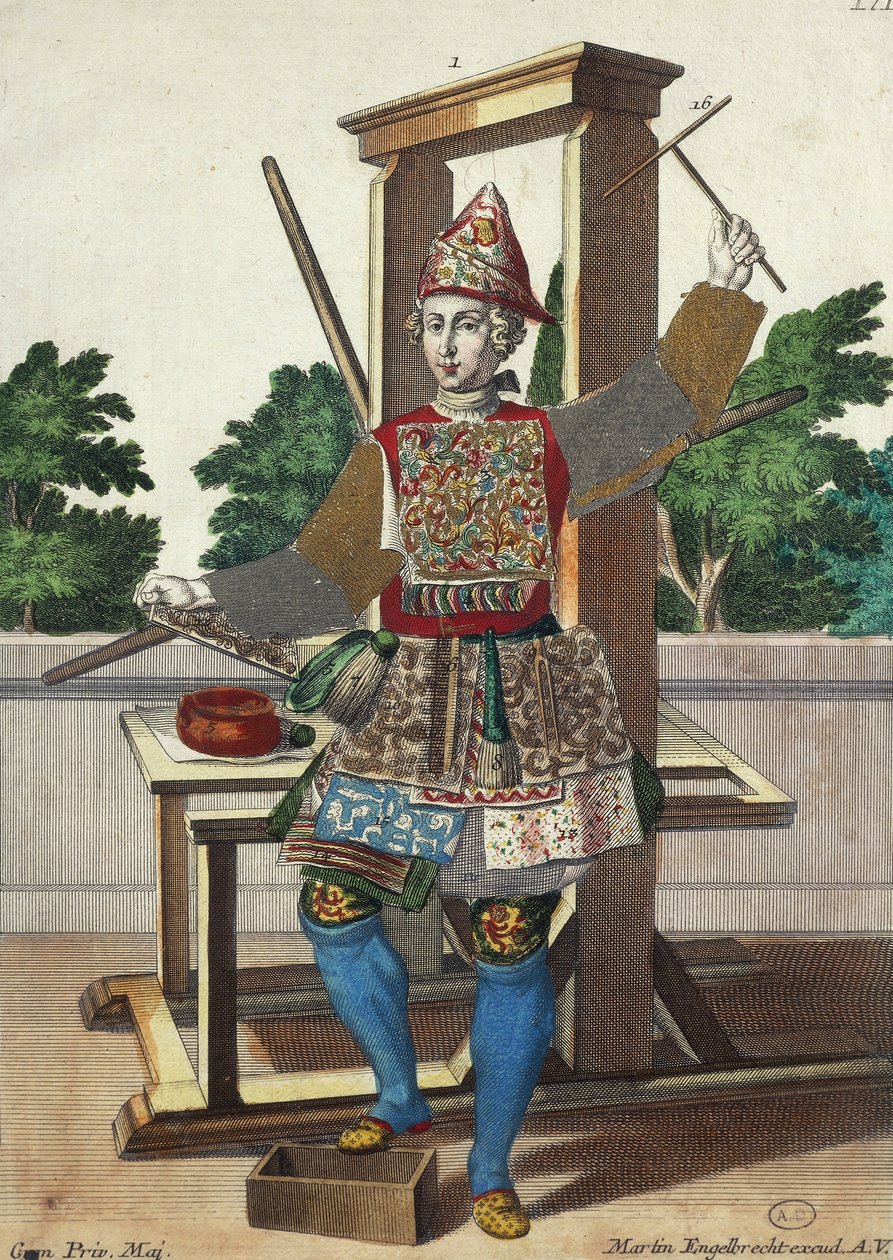 Producent kolorowych papierów, grawer z Assemblage des nouveau manouvries habilles Martin Engelbrecht (1684-1756), Niemcy autorstwa Martin Engelbrecht