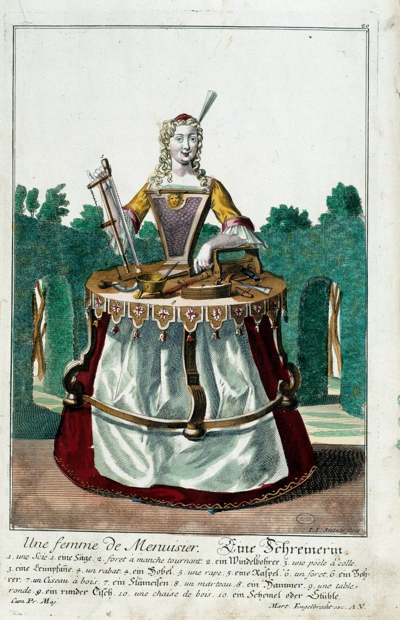 Metier: Żona stolarza. Grawer autorstwa Martina Engelbrechta (1684-1756), w „Nowym zespole habilles manewrów” XVIII w., Niemcy. Paryż, Sztuka Dekoracyjna autorstwa Martin Engelbrecht