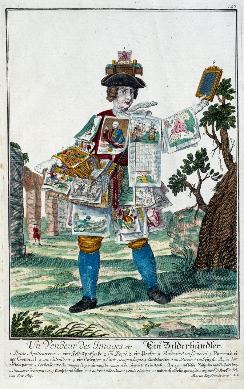 Metier: sprzedawca zdjęć. Grawer autorstwa Martina Engelbrechta (1684-1756), w „Nowym zespole habilles manewrów” XVIII w., Niemcy. Paryż, Sztuka Dekoracyjna autorstwa Martin Engelbrecht