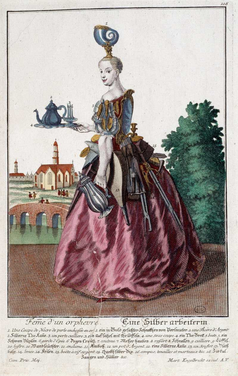 Metier: Kobieta ze złotą rybką. Rycina Martina Engelbrechta (1684-1756), w "Nowym montażu habilitacji manouvries" XVIII wiek, Niemcy. Paryż, Sztuka Dekoracyjna autorstwa Martin Engelbrecht