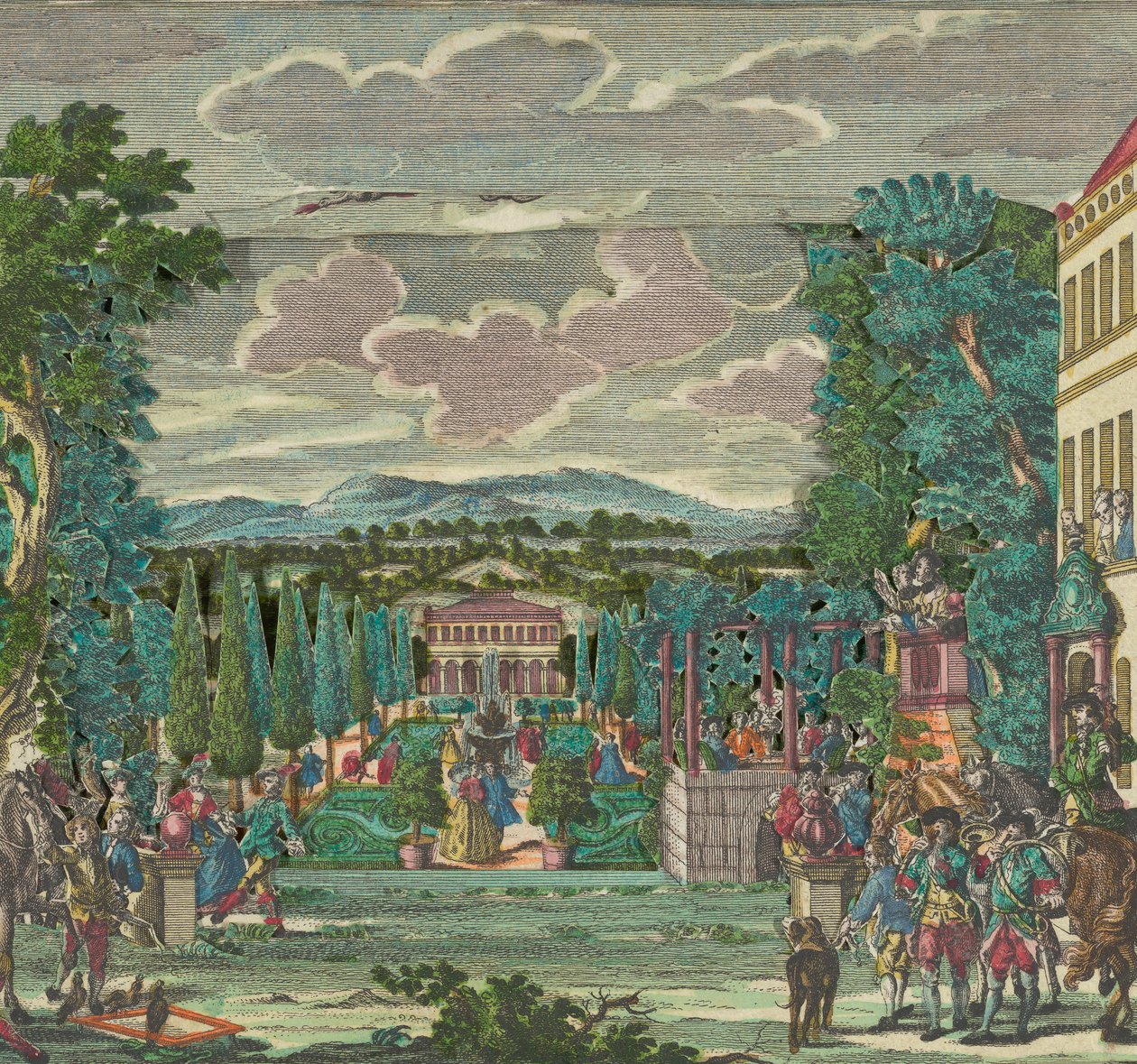 Teatr papierowy lub diorama włoskiej willi i ogrodu, ca. 1730-56. autorstwa Martin Engelbrecht