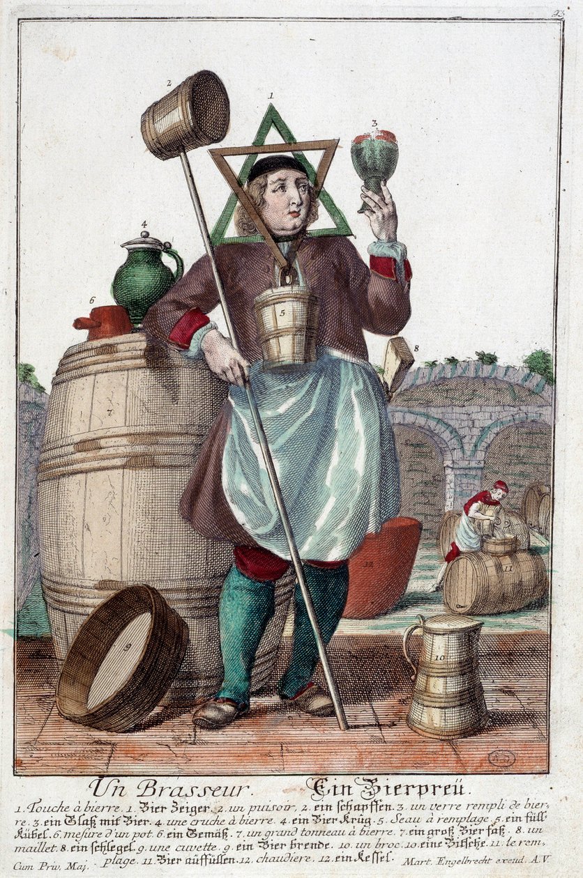 Przedstawienie piwowara z fontanną, szklanką, dzbankiem, wiadrem, beczką, młotkiem, miską, brokiem, kotłem. Grawerowanie autorstwa Martina Engelbrechta (1684-1756) autorstwa Martin Engelbrecht