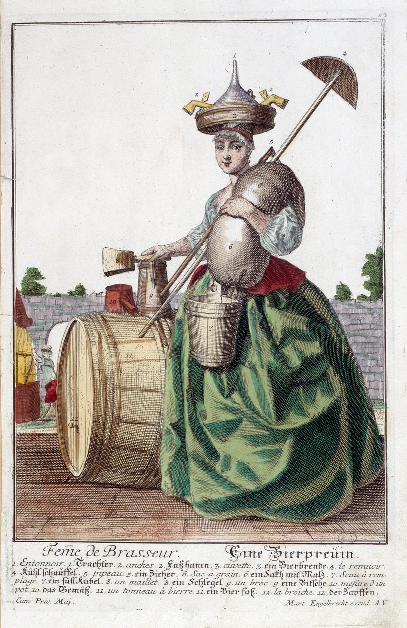 Przedstawienie żony piwowara, niosącej na głowie lejek, worek zboża, miskę, wiadro, beczkę piwa. Grawerowanie autorstwa Martina Engelbrechta (1684-1756) autorstwa Martin Engelbrecht