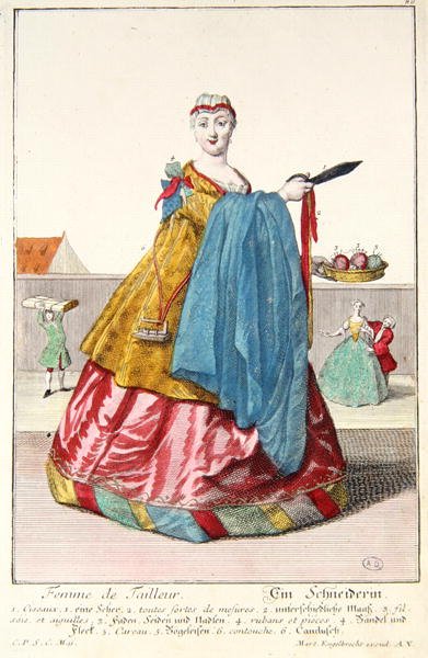 Żona krawca, ok.1735 (kolorowy grawerunek) autorstwa Martin Engelbrecht