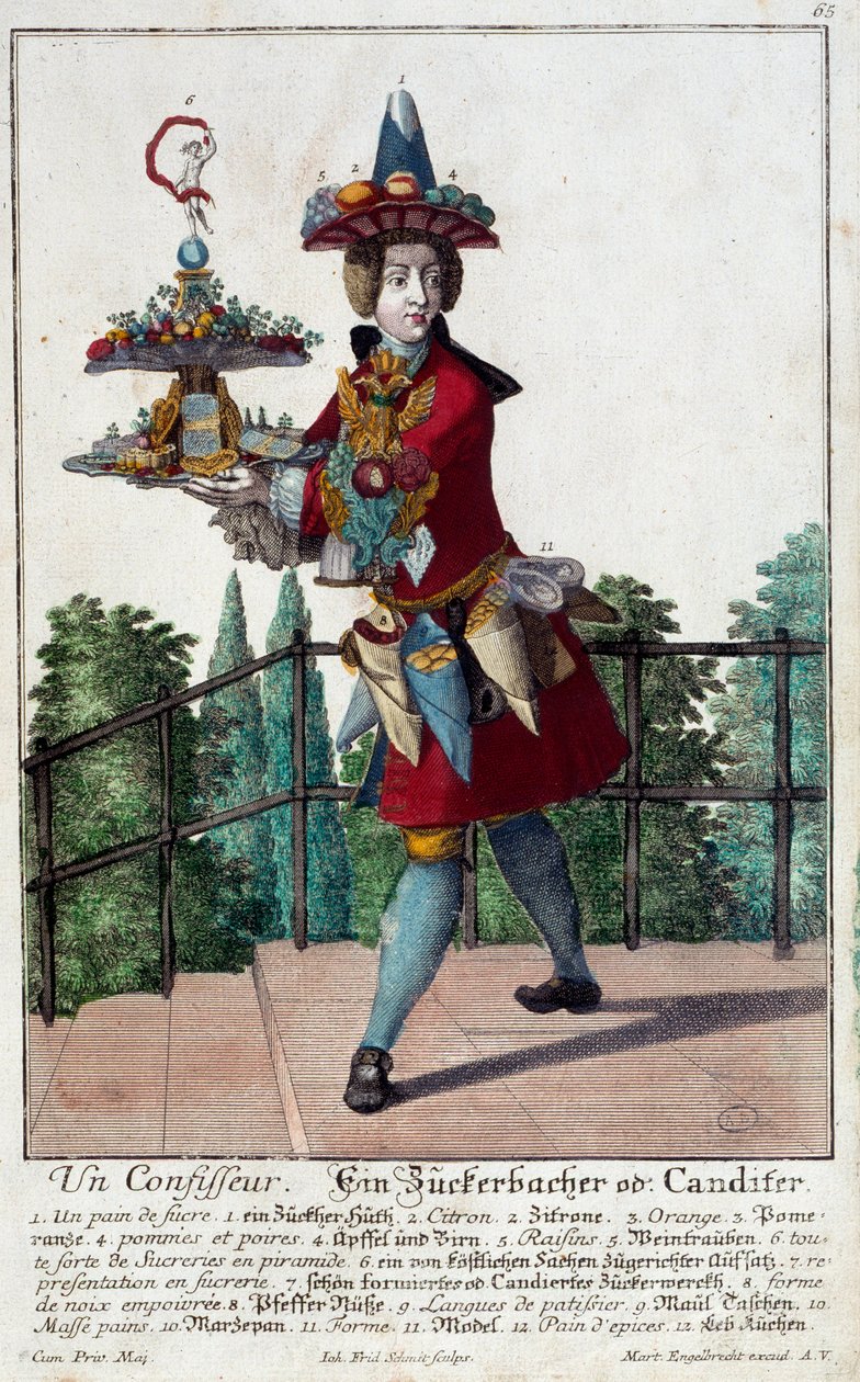 Cukiernik: młody mężczyzna trzymający tacę z cukierkami i słodyczami. Grawer Martina Engelbrechta (1684-1756) XVIII wiek. Paryż, Sztuka Dekoracyjna autorstwa Martin Engelbrecht