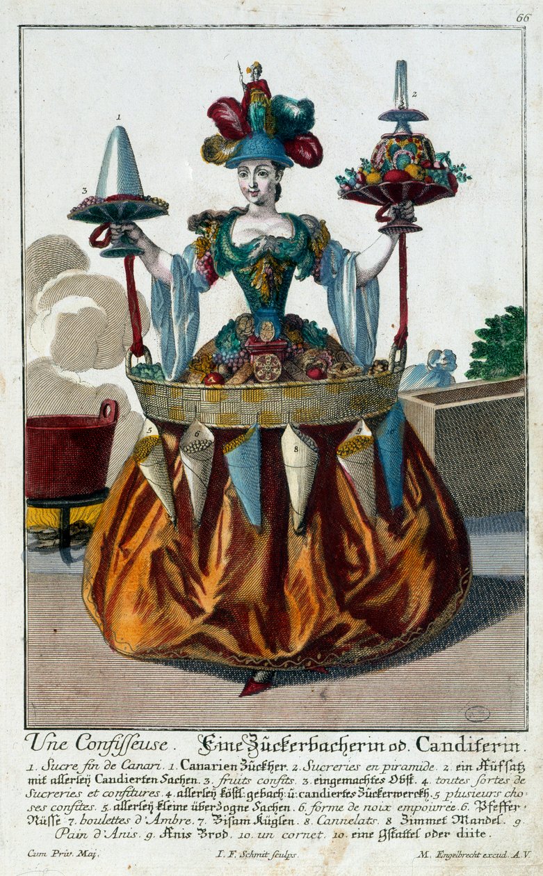 Cukiernik: młoda kobieta trzymająca tacę z cukierkami i słodyczami. Grawer Martina Engelbrechta (1684-1756) XVIII wiek. Paryż, Sztuka Dekoracyjna autorstwa Martin Engelbrecht