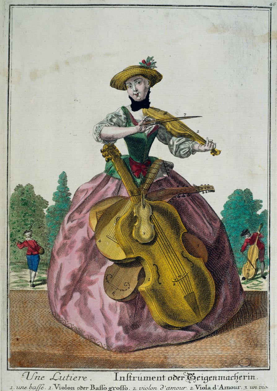 Une Lutiere, Lutystka z altówką, wiolonczelą i skrzypcami, Martin Engelbrecht (1684-1756), druk kolorowy, Francja autorstwa Martin Engelbrecht