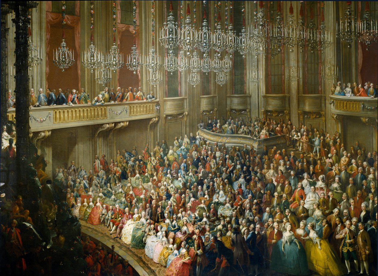 Święto na cześć Marii Teresy z Austrii (1717-1780), Józefa II (1741-1790), który został cesarzem i żoną Izabeli Parmeńskiej (Bourbon-Parma) (Bourbon Parma) 10.10.1760 młodego Wolfganga Amadeusza Mozart (1756-1791) jest obecny. Malarstwo z Sc autorstwa Martin II (school of) Mytens or Meytens