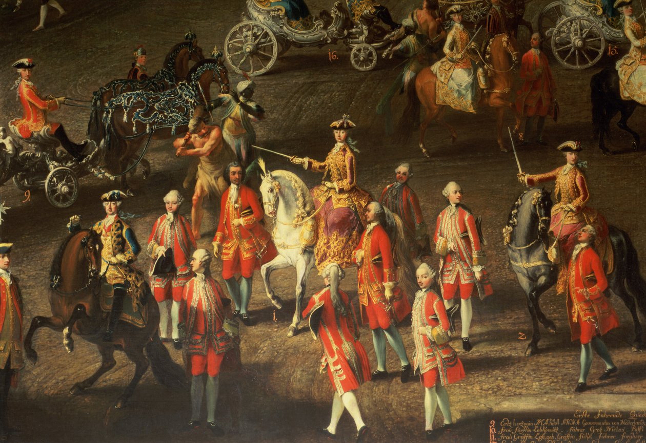Kawalkada w Zimowej Szkole Jeździeckiej wiedeńskiego Hofa dla uczczenia klęski armii francuskiej pod Pragą, 1743 (szczegół, przedstawia Marię Teresę, cesarzową Austrii, dosiadającą siwego konia) (detai autorstwa Martin II Mytens or Meytens
