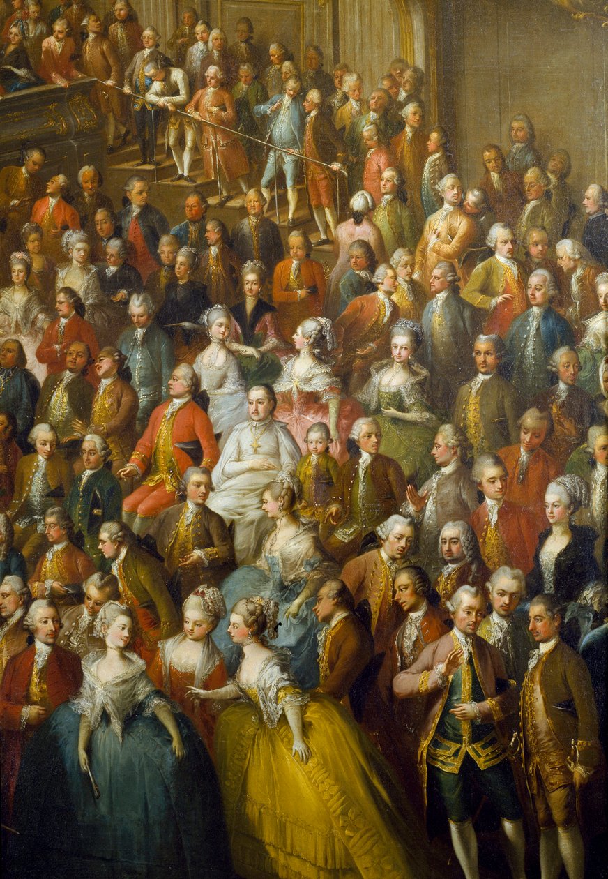 Święto na cześć Marii Teresy Austrii (1717-1780), przyszłego cesarza Józefa II (1741-1790) i jego żony Izabeli Parmeńskiej (Bourbon-Parma, Bourbon Parma) w dniu 10.10. centrum młodego Wolfganga Amadeusza Mozarta (1756-1791 autorstwa Martin II Mytens or Meytens