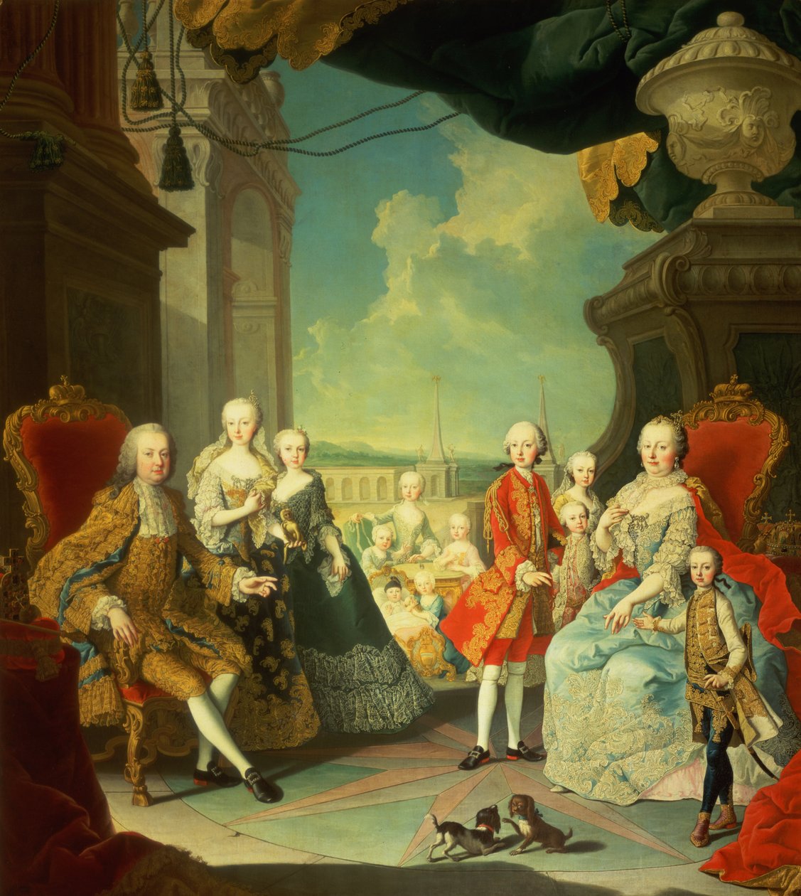 Maria Teresa i jej mąż przy schodach prowadzących z Wielkiej Sali Schloss Schonbrunn na duży dziedziniec, z dziećmi Józefa II, Karola, Leopolda II, Ferdynanda, Mariany, Elizabet autorstwa Martin II Mytens or Meytens