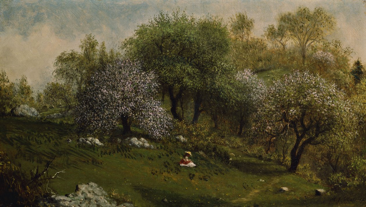 Dziewczyna na wzgórzu, kwiaty jabłoni autorstwa Martin Johnson Heade