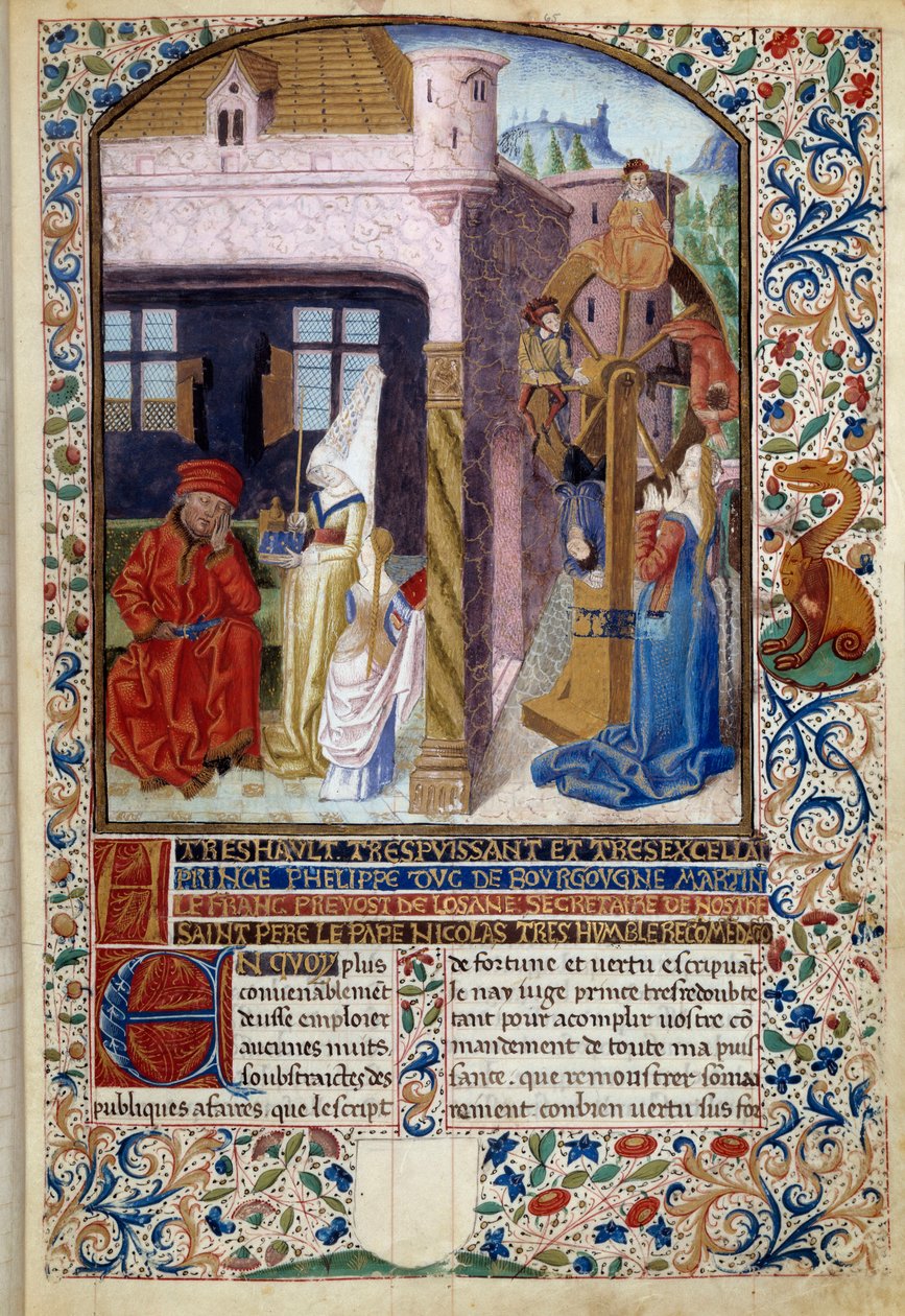 Alegoria Fortuny: przedstawienie młodej kobiety w pobliżu koła fortuny. Miniatura z „Ducha fortuny i cnoty” Martina Le Franca (1410-1461) 1447-1448, Paryż B.N. autorstwa Martin Le Franc