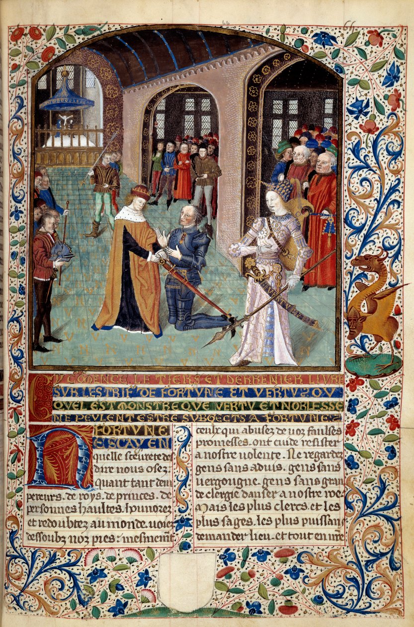 Alegoria Cnoty: wasal oddający hołd swemu panu w obecności Cnoty. Miniatura z „Ducha fortuny i cnoty” Martina Le Franca (1410-1461) 1447-1448, Paryż B.N. autorstwa Martin Le Franc