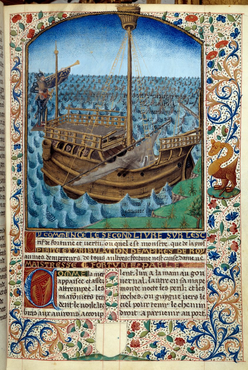 Przedstawienie statku na morzu - Miniatura z „Ducha fortuny i cnoty” Martina Le Franca (1410-1461) 1447-1448 - Paris B.N. - Statek na morzu - Miniatura z rękopisu „Duch fortuny i cnoty” autorstwa Martina Le Franca (1410-1461) autorstwa Martin Le Franc