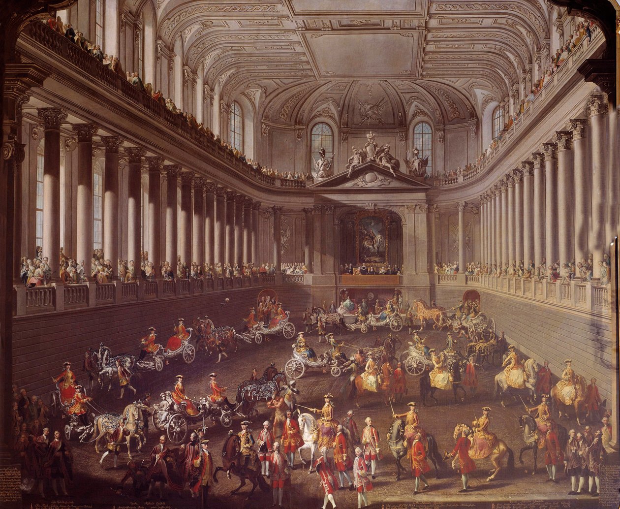 Karuzela hiszpańskiego ujeżdżalni wiedeńskiej dla uczczenia klęski Francuzów w Pradze w 1763 roku, Marii Teresy Austrii (1717-1780) jest reprezentowana na białym koniu Malarstwo szkoły Martina Meytensa (1695-1770) XVIII-wieczny Wiedeń. Muzeum Historii Sztu autorstwa Martin Meytens the Younger