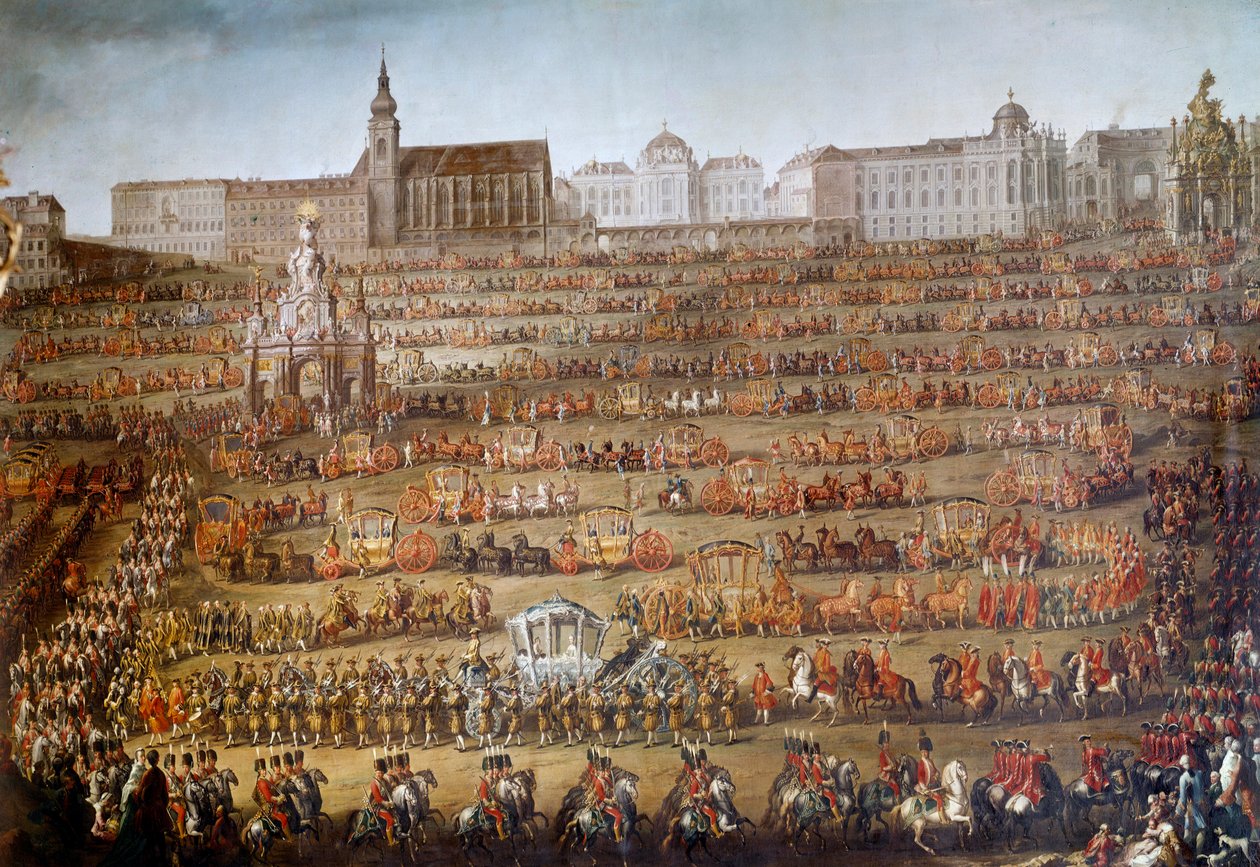 Wjazd Marii Izabeli Burbon Parma (1741-1763) do Wiednia z okazji jej ślubu z cesarzem austriackim Józefem II (1741-1790), w tle kościół Augustynów i biblioteka dworska Ogromny orszak jest zorganizowany przez autorstwa Martin Meytens the Younger