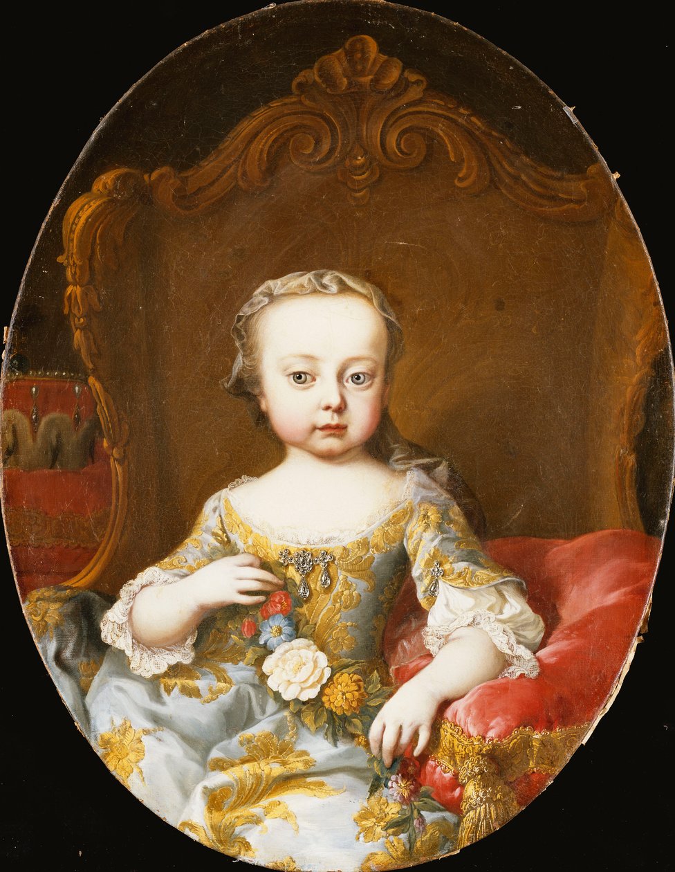 Portret jego siostry, arcyksiężnej Marii Christine, siedzącej, długości trzech czwartych, w niebieskiej, haftowanej złotem sukni, trzymającej wianek z kwiatów, autorstwa Martin Meytens the Younger