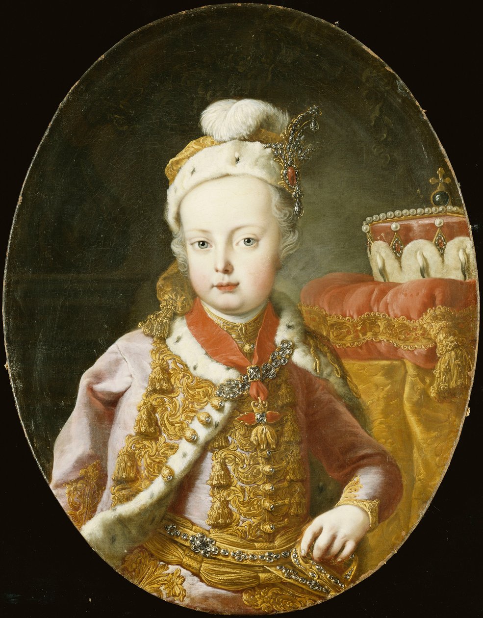 Portret arcyksięcia Józefa, późniejszego cesarza Austrii Józefa II, do połowy długości, w złotej haftowanej różowej aksamitnej kurtce z gronostajowym wykończeniem, piórkowej czapce ozdobionej broszą i noszącego Order Złotego Runa, autorstwa Martin Meytens the Younger