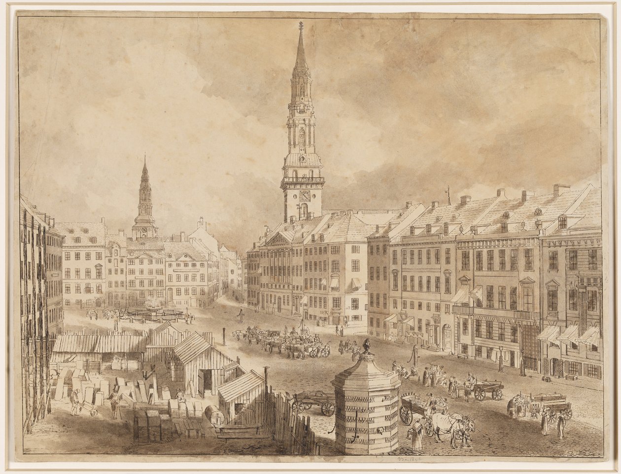 Nytorv i Gammel Torv w Kopenhadze z wieżami kościoła Saint Petris i Matki Bożej autorstwa Martin Rudolf Heland