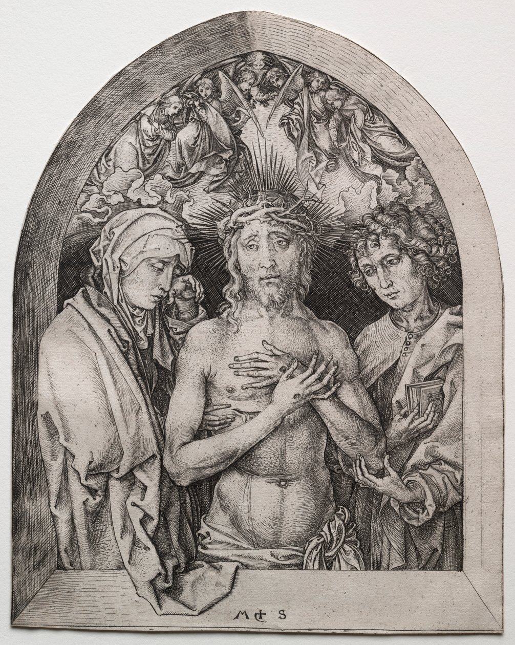 Chrystus jako Mąż Bolesny między Dziewicą a św. Janem autorstwa Martin Schongauer