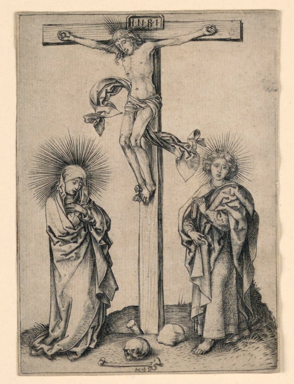 Chrystus na krzyżu z Maryją i Janem autorstwa Martin Schongauer