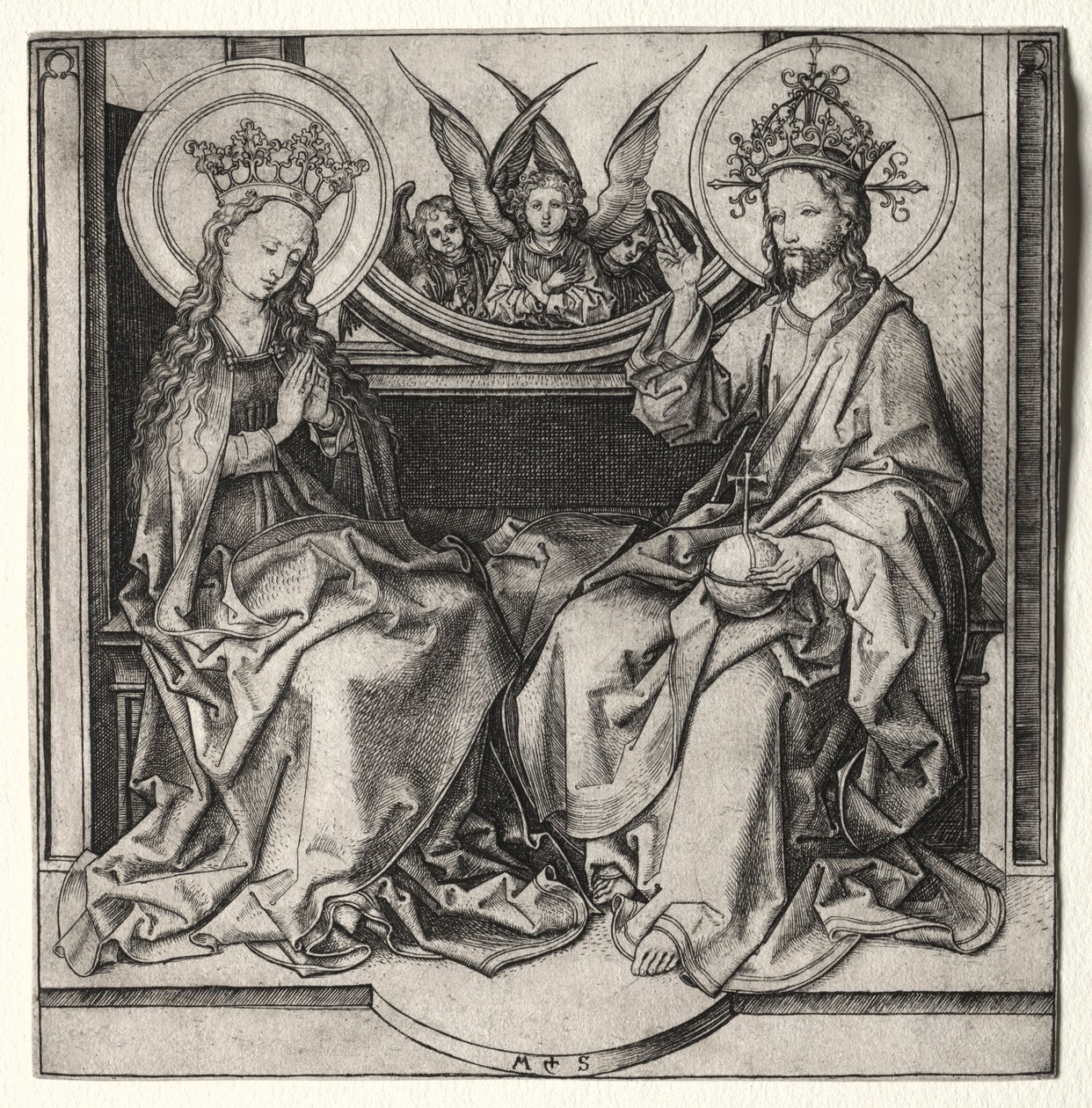 Bóg Ojciec i Błogosławiona Dziewica na tronie z aniołami, c. 1480-90. autorstwa Martin Schongauer