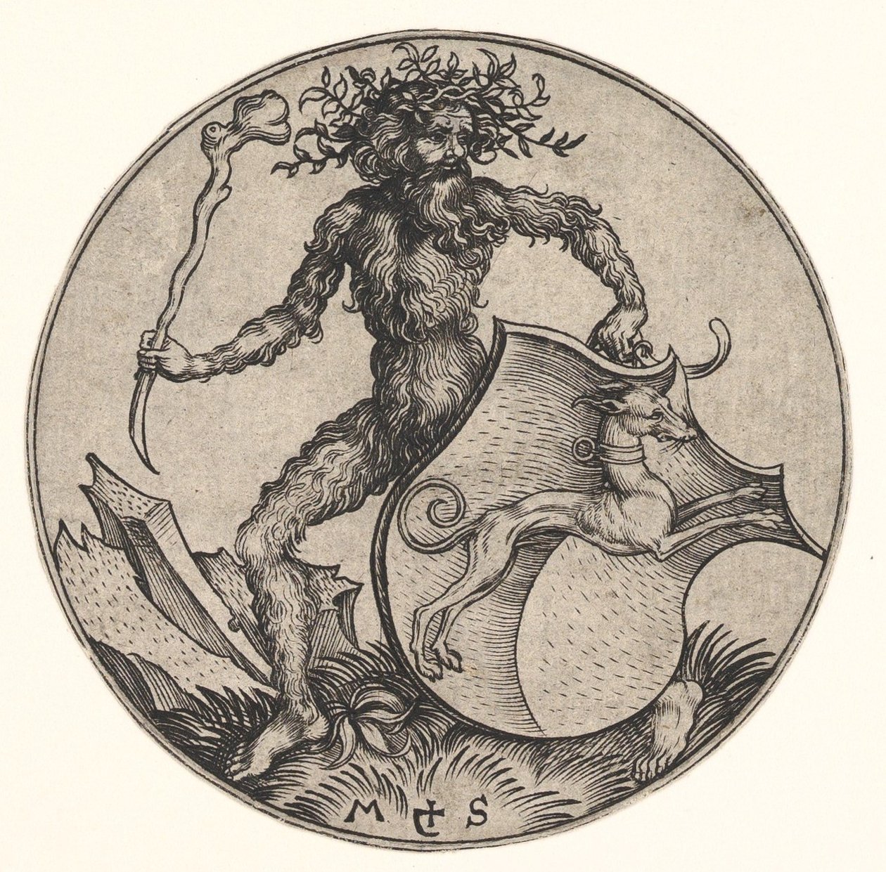 Tarcza z chartem trzymanym przez Wild Mana, ca. 1435-1491. autorstwa Martin Schongauer