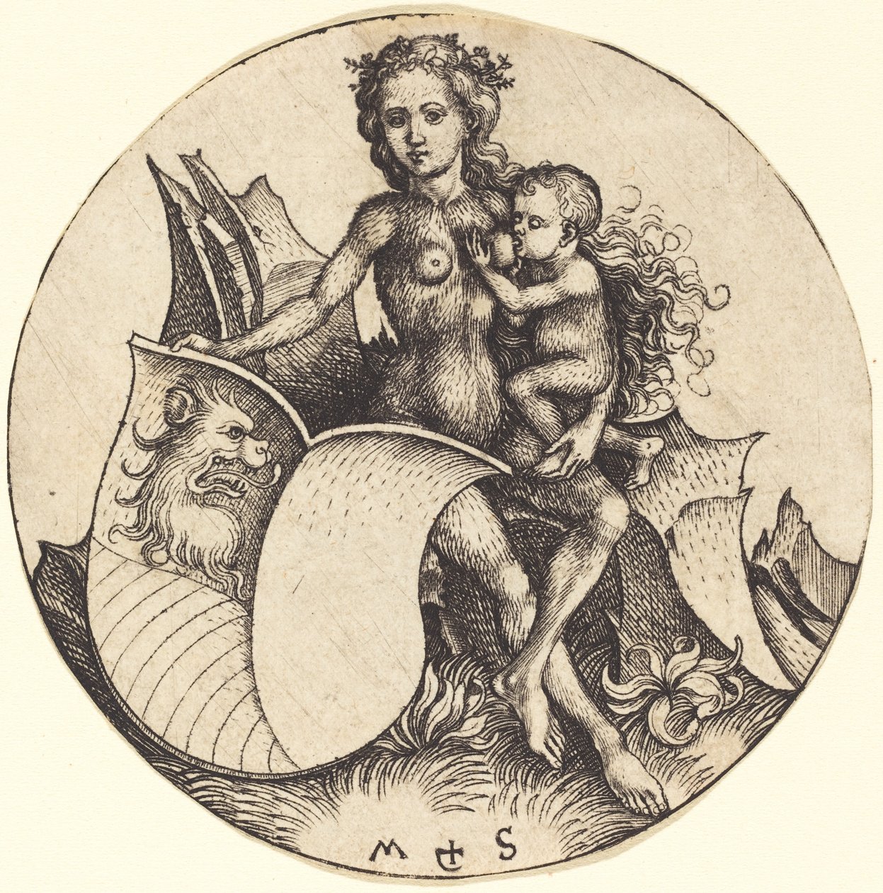 Tarcza z głową lwa, trzymana przez dziką kobietę autorstwa Martin Schongauer