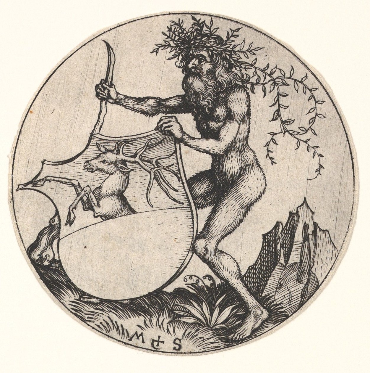 Tarcza z Jeleniem trzymana przez Wild Mana, ca. 1435-1491. autorstwa Martin Schongauer