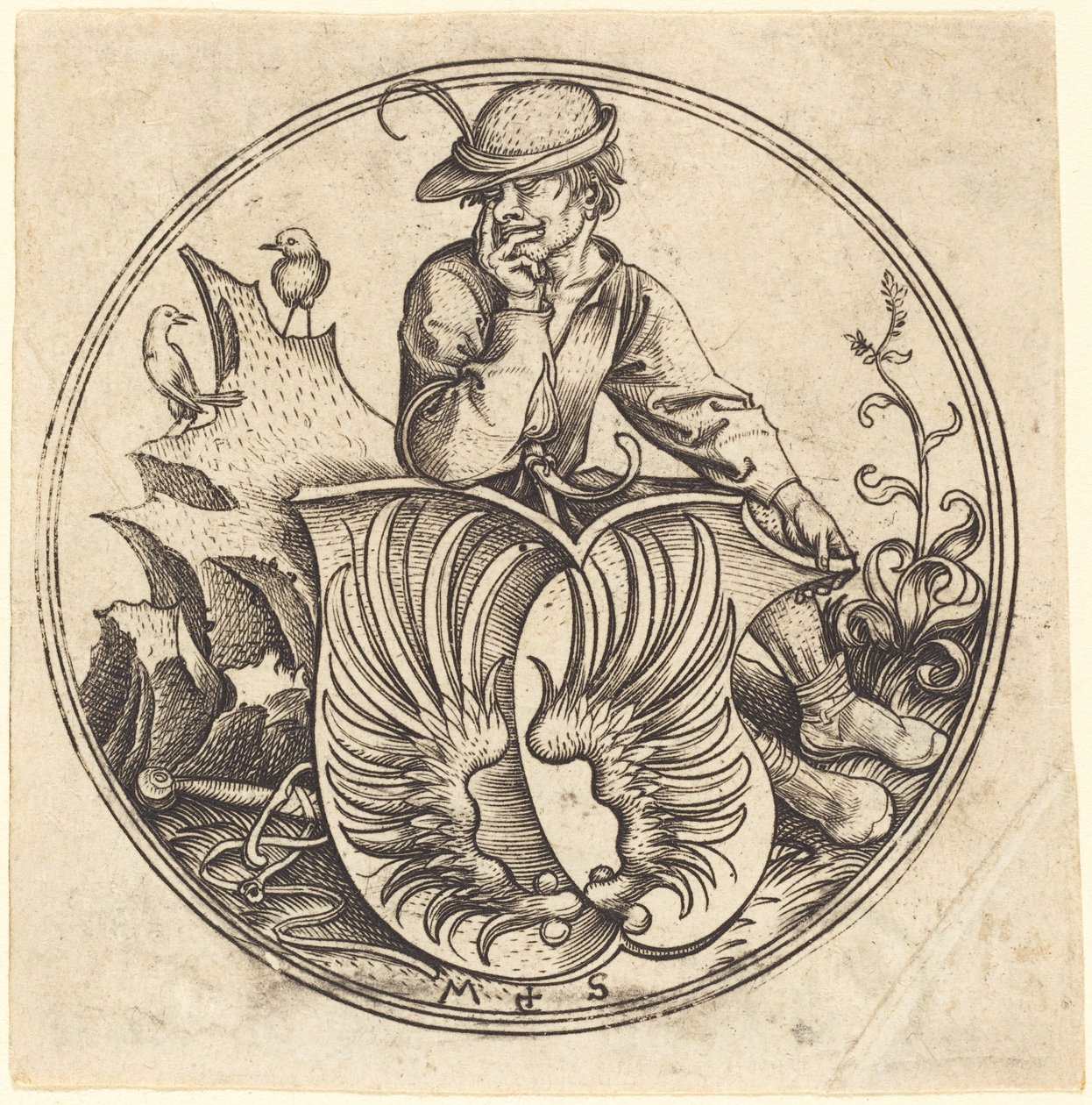 Tarcza ze skrzydłami, trzymana przez chłopa autorstwa Martin Schongauer