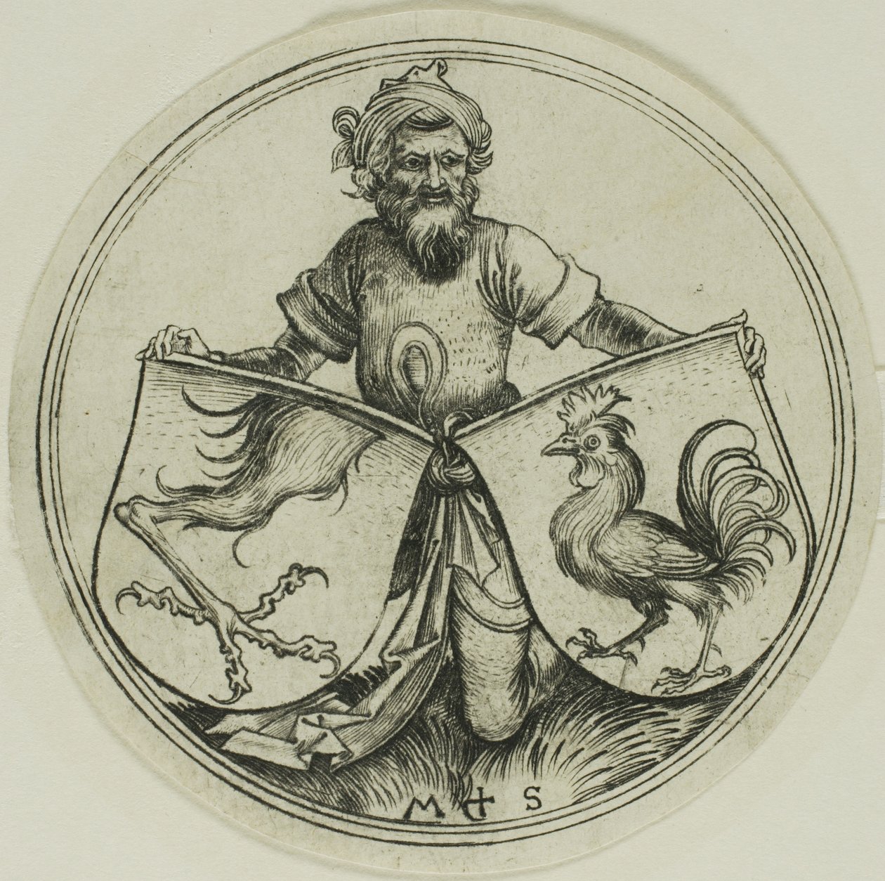 Tarcza z łapą gryfa i tarcza z kogutem trzymanym przez maura autorstwa Martin Schongauer