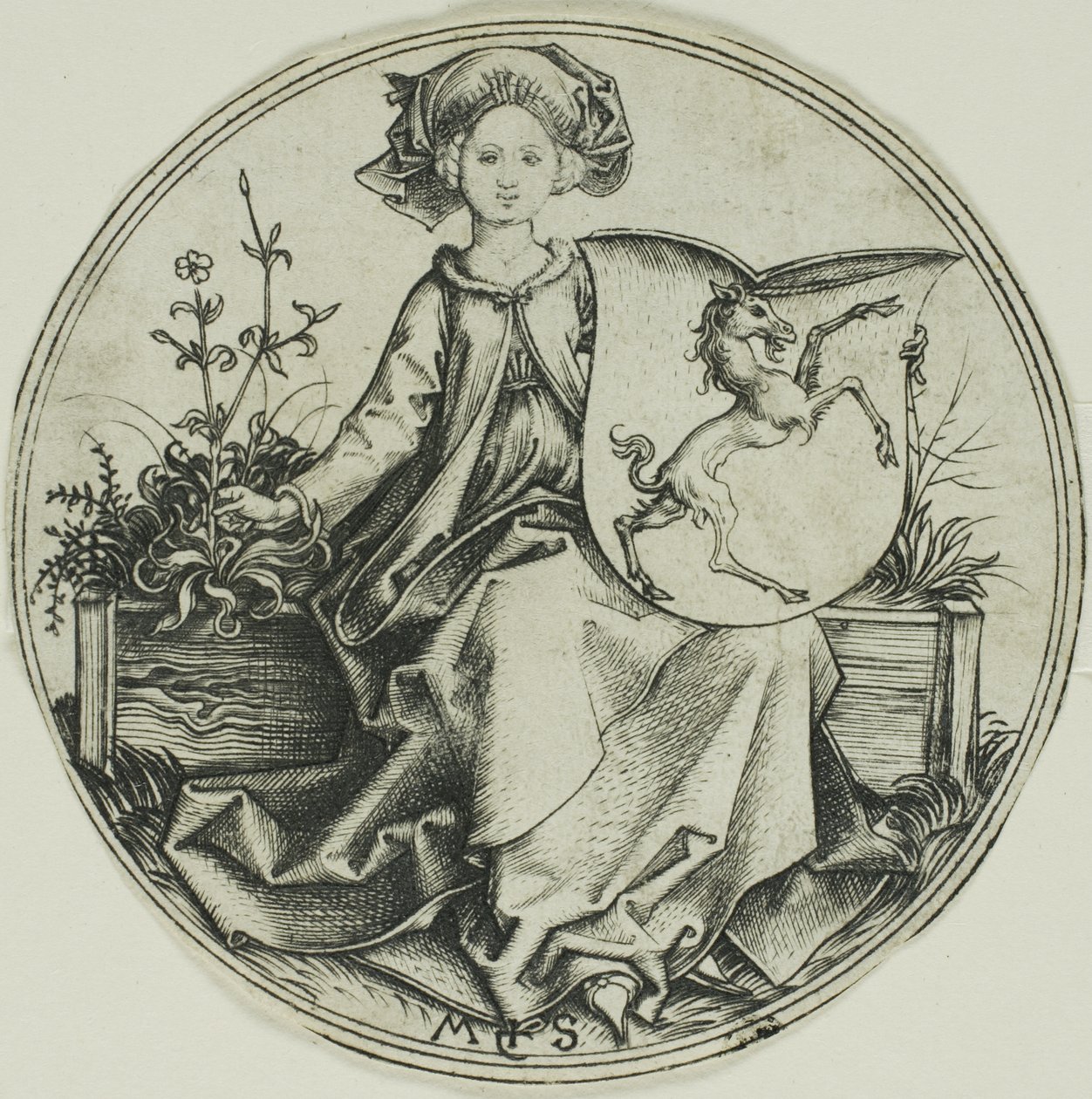 Tarcza z jednorożcem, trzymana przez damę autorstwa Martin Schongauer