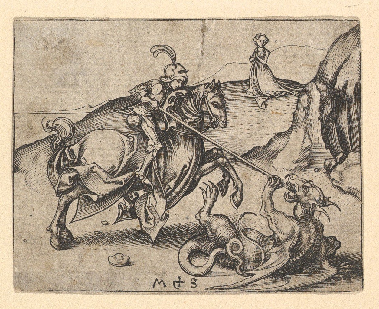 Św. Jerzy zabijający smoka, ca. 1435-1491. autorstwa Martin Schongauer
