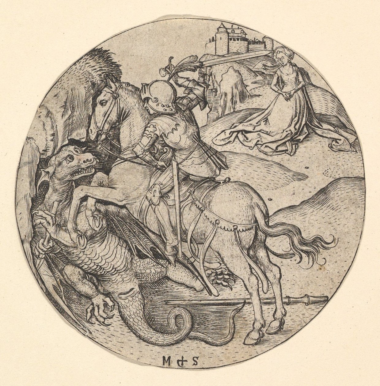 Św. Jerzy zabijający smoka, ca. 1435-1491. autorstwa Martin Schongauer