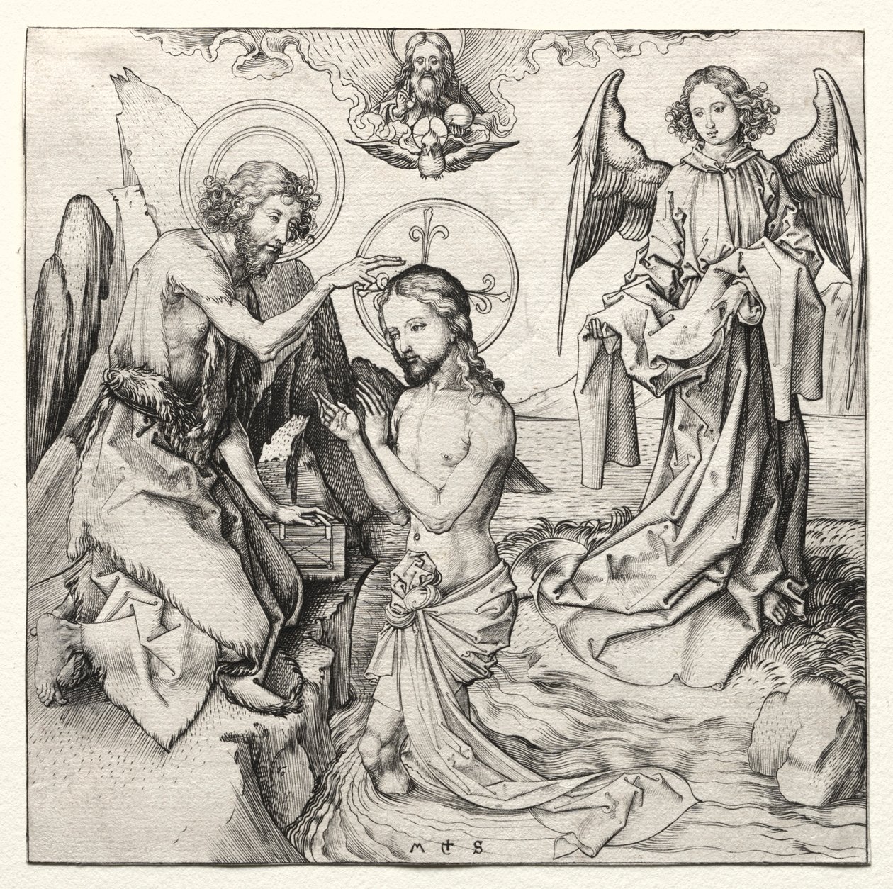 Chrzest Chrystusa w Jordanie, c. 1480-90. autorstwa Martin Schongauer