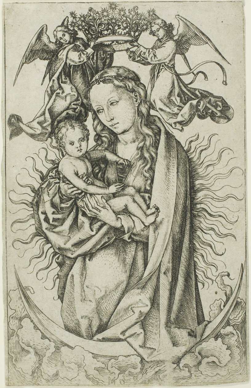 Madonna na półksiężycu w koronie dwóch aniołów autorstwa Martin Schongauer