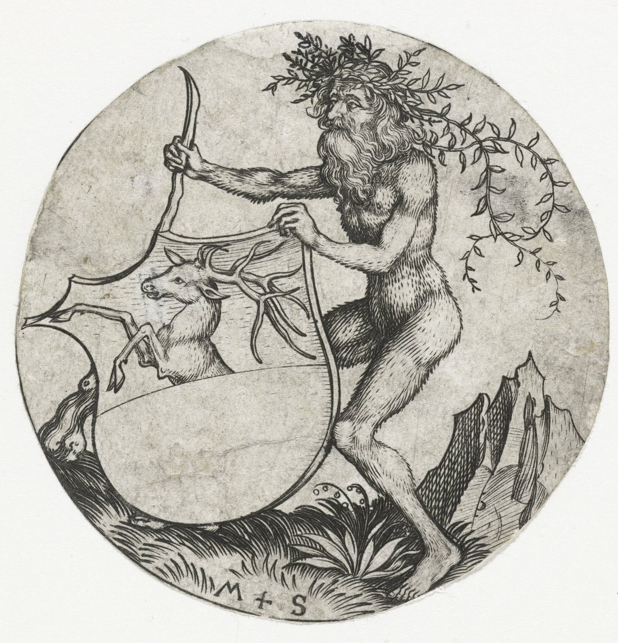Herb z jeleniem, trzymany przez dzikiego człowieka z maczugą Figurki z herbami (tytuł serii) autorstwa Martin Schongauer