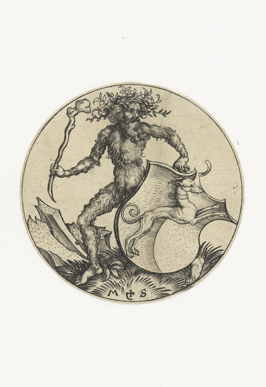 Herb z psem, trzymany przez dzikiego człowieka z maczugą Figurki z herbami (tytuł serii) autorstwa Martin Schongauer