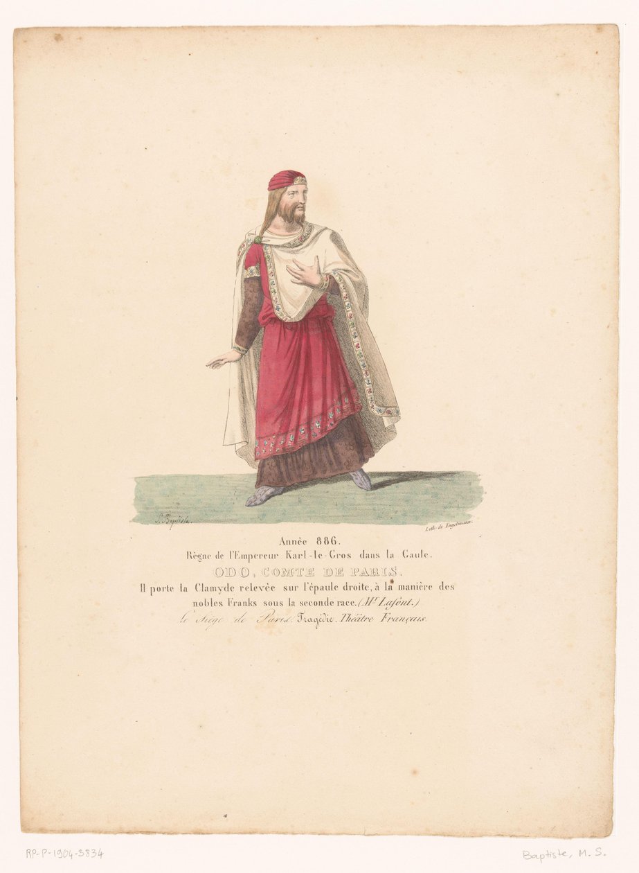 Kostuum van Odo I, koning van West-Francië uit de tragedie The Siege of Paris Odo, hrabia Paryża (tytuł na obiekcie) Teatrokostuum (tytuł serii) Teatr Francuski: kolekcja kostiumów MM. J. Alaux i L. Duponchel z rękopisów rysunków autorstwa Martin Sylvestre Baptiste