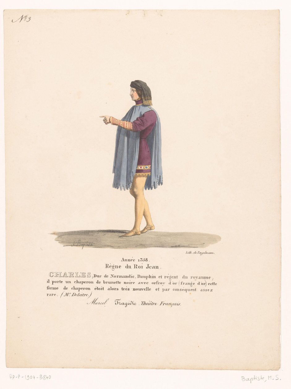 Kostuum van de dauphin Karel van Valois uit de tragedie Marcel Karol, książę Normandii (tytuł na obiekcie) Teatrokostuum (tytuł serii) Teatr Francuski: kolekcja kostiumów MM. J. Alaux i L. Duponchel z rysunków rękopisów w Bibliot autorstwa Martin Sylvestre Baptiste