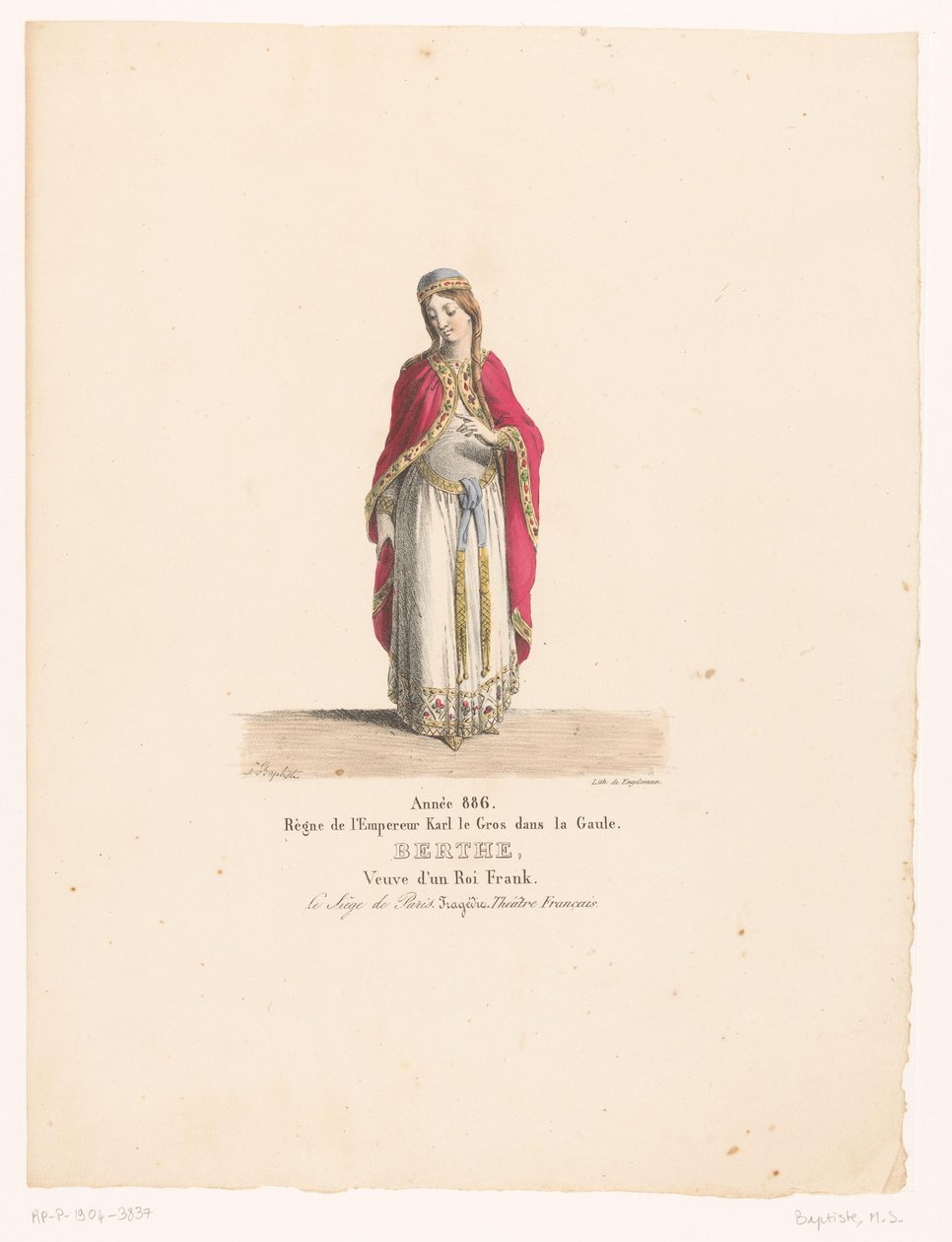 Kostuum van koningin Berthe uit de tragedie Oblężenie Paryża Berthe (tytuł na obiekcie) Teatrokostuum (tytuł serii) Teatr Francuski: kolekcja kostiumów MM. J. Alaux i L. Duponchel na podstawie rysunków rękopisów z Bibliothèque de la Comédie- autorstwa Martin Sylvestre Baptiste