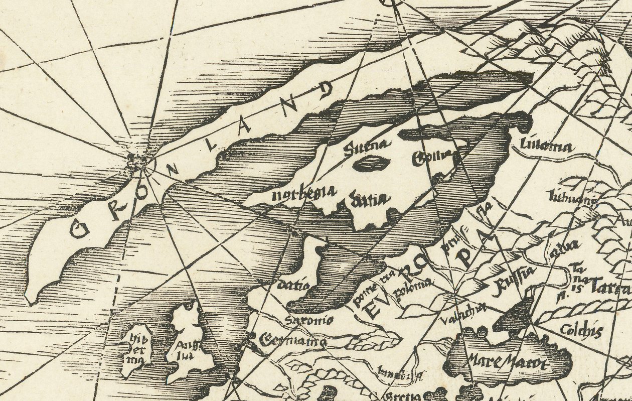 Mapa Morza Północnego z 1513 r. przedstawiająca Grenlandię połączoną ze Skandynawią autorstwa Martin Waldseemuller