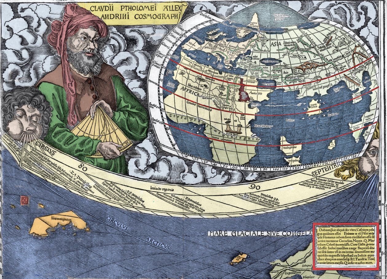 Ptolemeusz (Claudius Ptolemaeus 90-168) - Klaudiusz Ptolemeusz w "" mapie Waldseemuller lub kosmografii uniwersalnej - (kosmografia uniwersalna) - Waldseemuller Planisphere" - 1507 - autorstwa Martin Waldseemuller