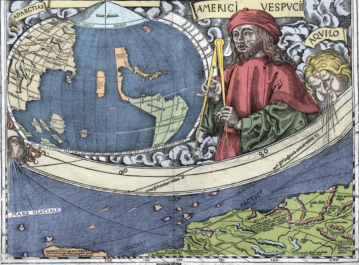 VESPUCCI, Amerigo (1454-1512). Włoski odkrywca i kartografia w „Mapie Waldseemullera lub Universalis Cosmographia - (Universal Cosmography) - Waldseemuller Planisphere” - 1507 - autorstwa Martin Waldseemuller